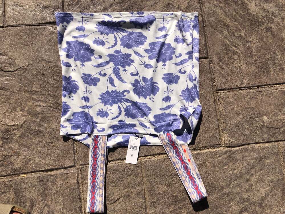 Anthropologie Blue Floral Print Square Neck Tank Top with Woven Straps - Picture 3 of 3